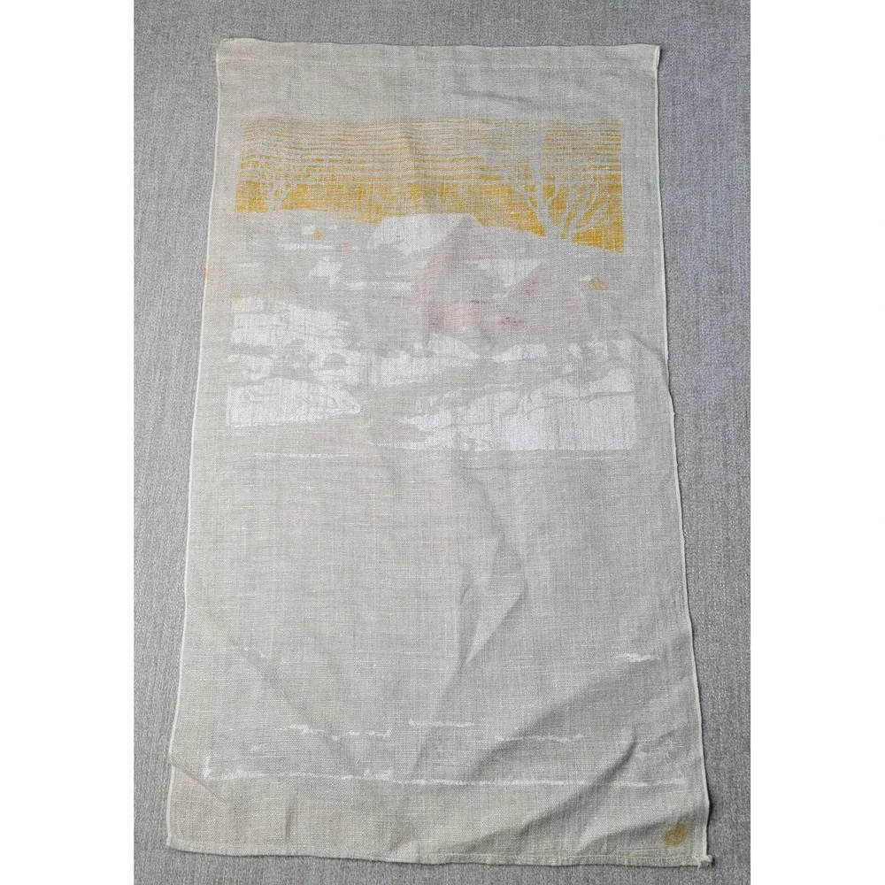 Calendar Tea Towel Tan 1974 Winter Barn Scene Vintage Linen Decor